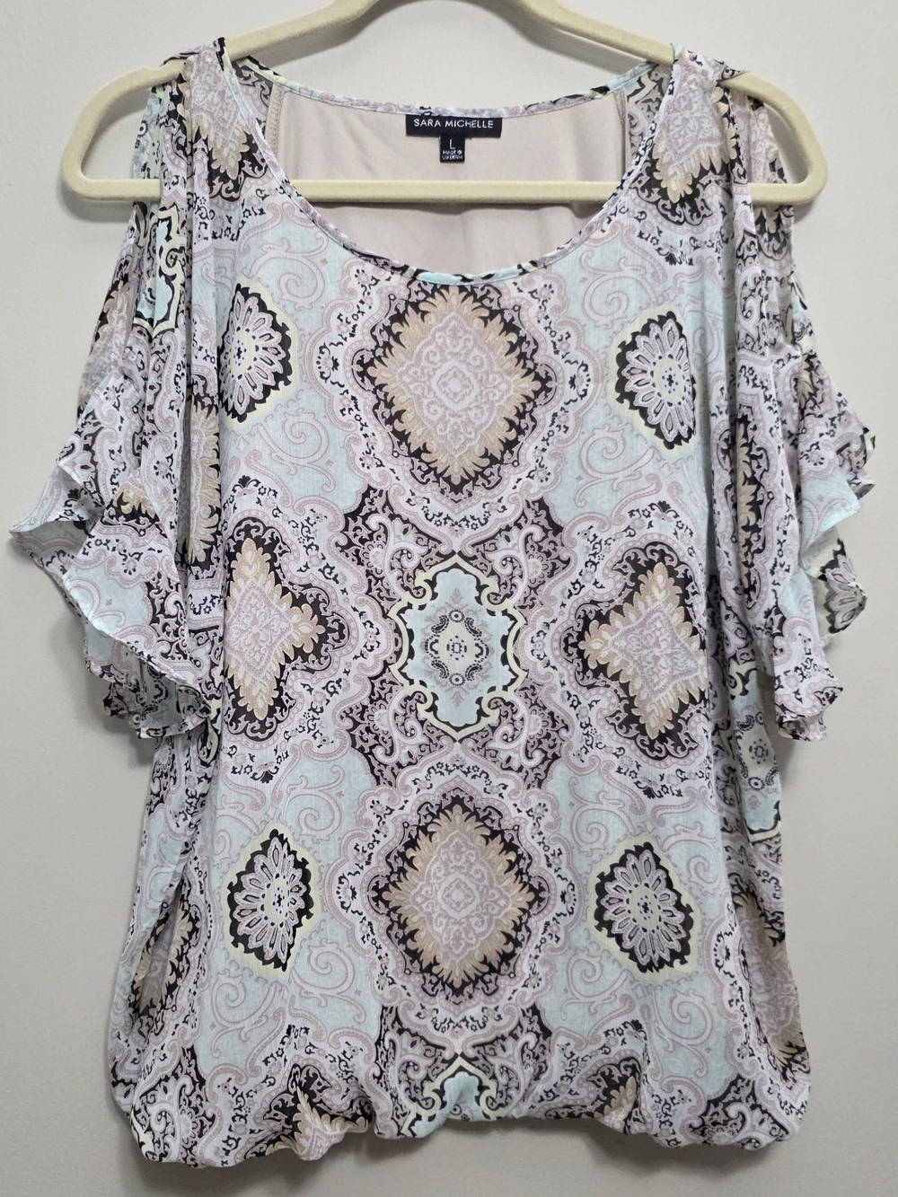 Sara Michelle Mint & Cream Cold-Shoulder Blouse Ladies Size Large Boho